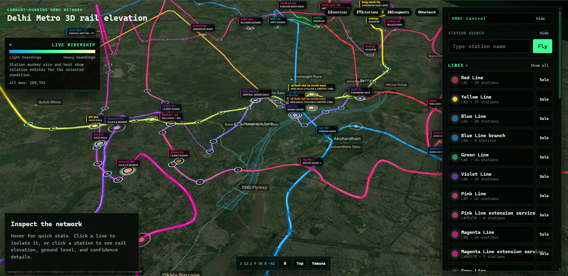 All 12 lines, 272 stations, rendered live with official DMRC colours. Ridership drives marker size and a heat tint at the busiest interchanges.