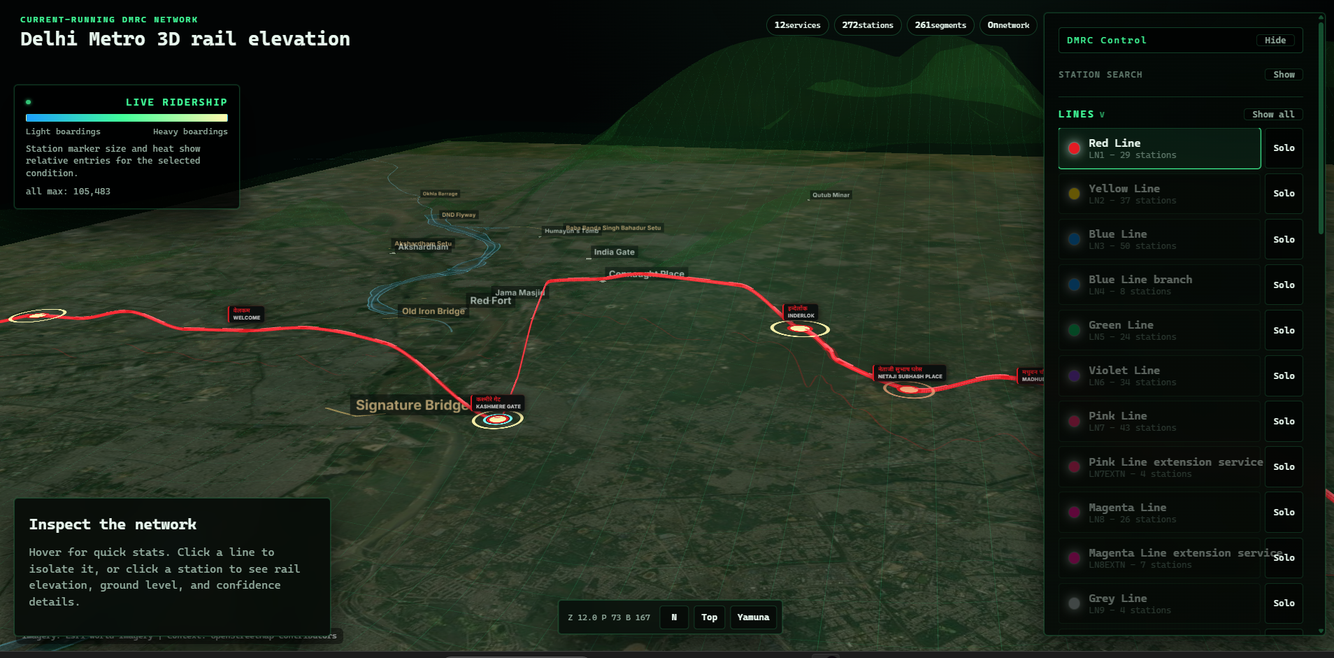 Red Line in solo mode. The other lines fade so the height profile of a single corridor reads cleanly across the city.