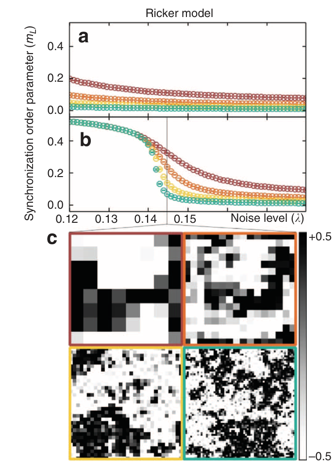 Reference from Noble et al. The original work connects local ecological oscillations, noisy spatial coupling, and an Ising-like transition between collective synchrony and incoherence.