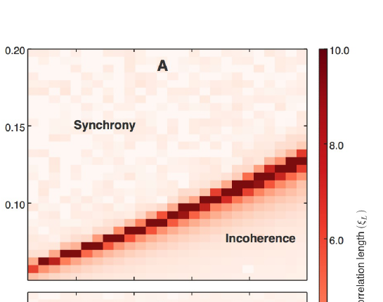 Noble's phase-boundary reference for the Ricker model. The high-correlation ridge marks the boundary between collective synchrony and incoherence.